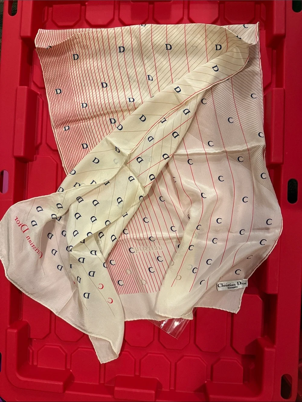 Vintage Christian Dior Logo Scarf in Ivory, cream Blue & Red